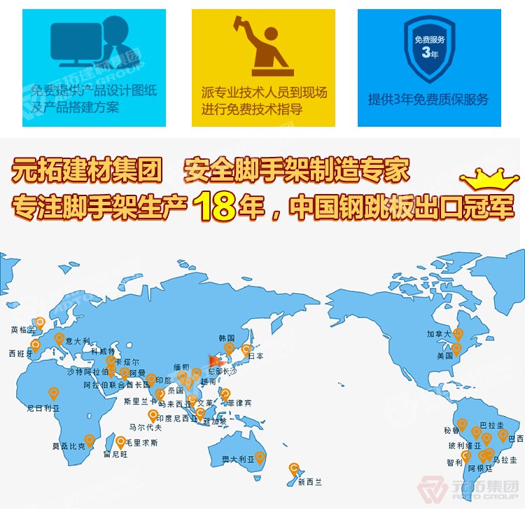 元拓建材集團(tuán)，安全腳手架制造專家！專注腳手架生產(chǎn)18年，中國(guó)鋼跳板出口冠軍！